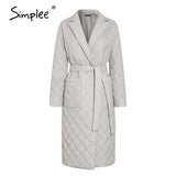 Simplee Fashion female winter windproof jacket  Casual sashes women winter parka Long straight coat with rhombus pattern 2020