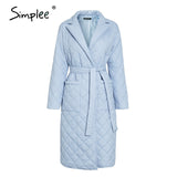 Simplee Fashion female winter windproof jacket  Casual sashes women winter parka Long straight coat with rhombus pattern 2020