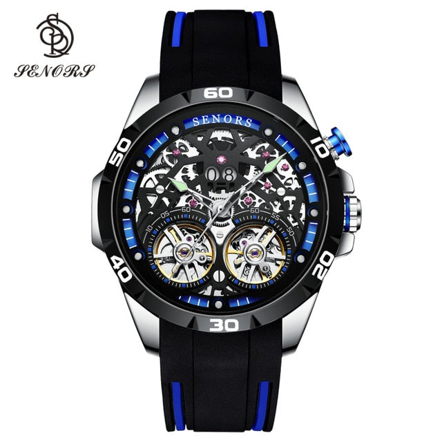 Senors Luxury Brand Men Automatic Watch Sport Wristwatch Double Tourbillon Skeleton 30m  Waterproof Clock Male Relogio Masculino