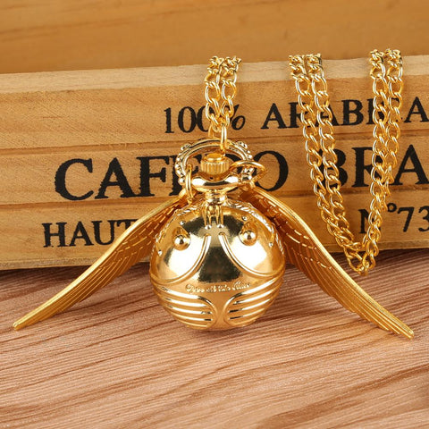 Luxury Golden Snitch Ball Sweater Pendant Quartz Pocket Watch Necklace Lovely Cute Fob Pocket Chain Clock for Boys Girls Kids