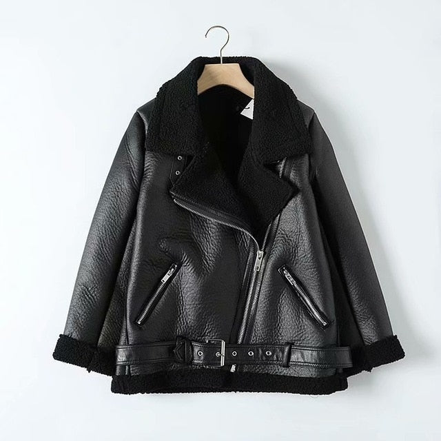 Tangada Women beige fur faux leather jacket coat with belt turn down collar Ladies 2019 Winter Thick Warm Oversized Coat 5B01
