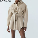 XNWMNZ Za Women 2020 Fashion With Belt Loose Woolen Jacket Coat Vintage Long Sleeve Side Pockets Female Outerwear Chic Overcoat