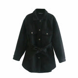 XNWMNZ Za Women 2020 Fashion With Belt Loose Woolen Jacket Coat Vintage Long Sleeve Side Pockets Female Outerwear Chic Overcoat