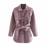 XNWMNZ Za Women 2020 Fashion With Belt Loose Woolen Jacket Coat Vintage Long Sleeve Side Pockets Female Outerwear Chic Overcoat