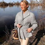 Simplee Long straight winter coat with rhombus pattern Casual sashes women parkas Deep pockets tailored collar stylish outerwear