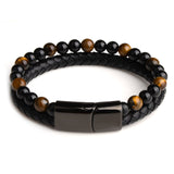 New Fashion Men Jewelry Natural Stone Genuine Leather Bracelet Black Stainless Steel Magnetic Clasp Tiger eye Bead Bracelet Men