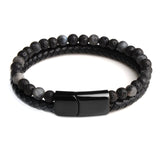 New Fashion Men Jewelry Natural Stone Genuine Leather Bracelet Black Stainless Steel Magnetic Clasp Tiger eye Bead Bracelet Men