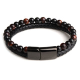 New Fashion Men Jewelry Natural Stone Genuine Leather Bracelet Black Stainless Steel Magnetic Clasp Tiger eye Bead Bracelet Men