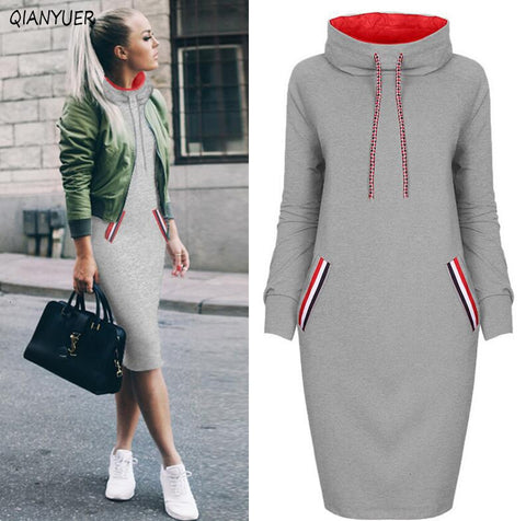 Dress Women Autumn Winter Sweatshirt Dress 6 Colors Slim Long Sleeves Turtleneck Drawstring Harajuku Hoodies Moletom Feminino Ez