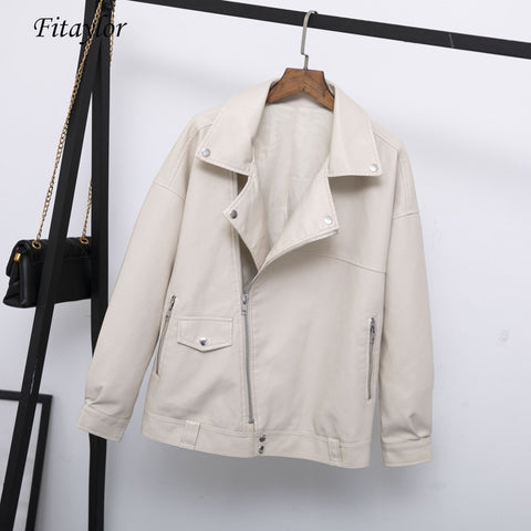 Fitaylor Autumn Women Faux Leather Jacket Casual Loose Soft Pu Motorcycle Punk Leather Coat Female Zipper Rivet Outerwear