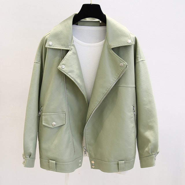Fitaylor Autumn Women Faux Leather Jacket Casual Loose Soft Pu Motorcycle Punk Leather Coat Female Zipper Rivet Outerwear
