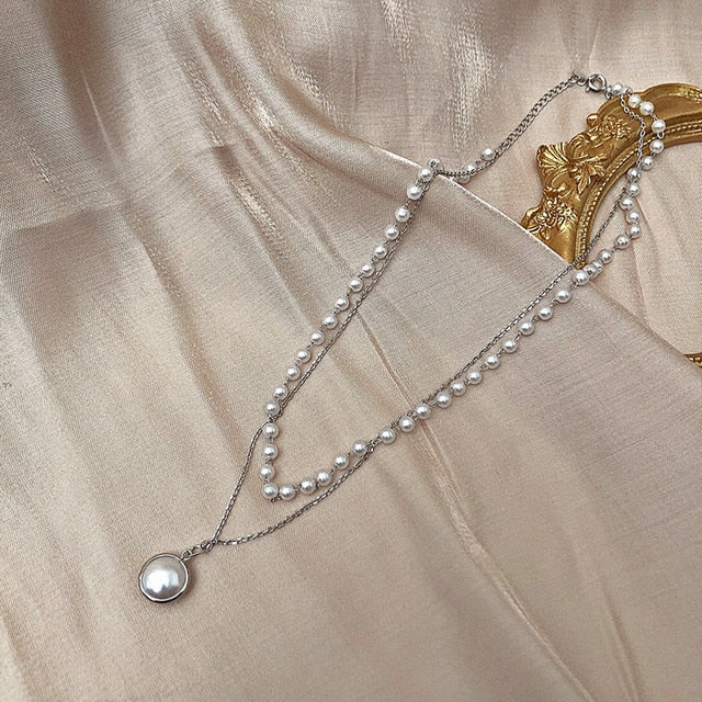 Kpop Fashion Beaded Pearl Necklace Women Cute Gold silver color Double Layer Chain Pendant Choker Korean Jewelry 2020 wholesale