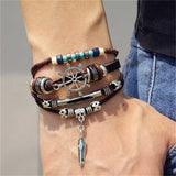 IFMIA Vintage Leather Bracelet Fashion Hand-knitted Multi-layer Leather Feather Leaf Bracelet and Fashion Men's Bracelet Gift