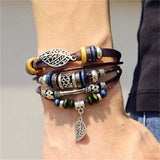 IFMIA Vintage Leather Bracelet Fashion Hand-knitted Multi-layer Leather Feather Leaf Bracelet and Fashion Men's Bracelet Gift