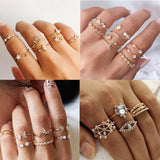 IPARAM Bohemian Vintage Gold Crystal Geometric Joint Ring Set for Women Star Moon Personality Design Ring Set Party Jewelry Gift