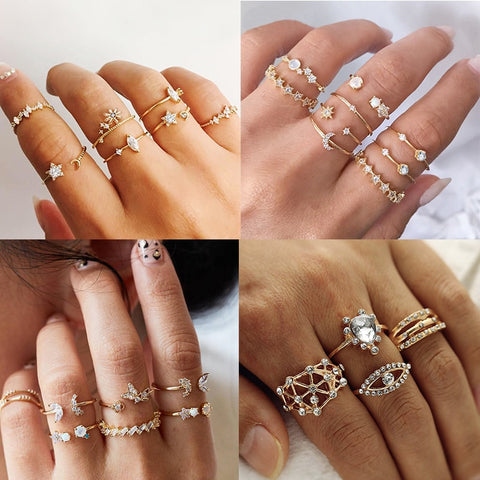 IPARAM Bohemian Vintage Gold Crystal Geometric Joint Ring Set for Women Star Moon Personality Design Ring Set Party Jewelry Gift