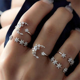 IPARAM Bohemian Vintage Gold Crystal Geometric Joint Ring Set for Women Star Moon Personality Design Ring Set Party Jewelry Gift