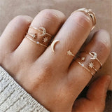 IPARAM Bohemian Vintage Gold Crystal Geometric Joint Ring Set for Women Star Moon Personality Design Ring Set Party Jewelry Gift