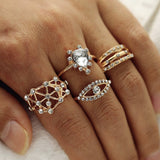 IPARAM Bohemian Vintage Gold Crystal Geometric Joint Ring Set for Women Star Moon Personality Design Ring Set Party Jewelry Gift