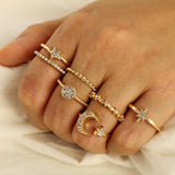 IPARAM Bohemian Vintage Gold Crystal Geometric Joint Ring Set for Women Star Moon Personality Design Ring Set Party Jewelry Gift