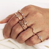 IPARAM Bohemian Vintage Gold Crystal Geometric Joint Ring Set for Women Star Moon Personality Design Ring Set Party Jewelry Gift