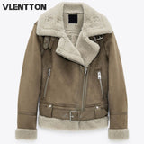 Winter New Women Thick Warm Vintage Suede Lambswool Biker Jackets Coat Chic Sashes Casual Loose Faux Leather Outwear Tops Female