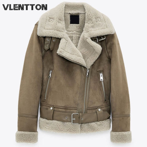 Winter New Women Thick Warm Vintage Suede Lambswool Biker Jackets Coat Chic Sashes Casual Loose Faux Leather Outwear Tops Female