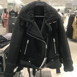 Winter New Women Thick Warm Vintage Suede Lambswool Biker Jackets Coat Chic Sashes Casual Loose Faux Leather Outwear Tops Female