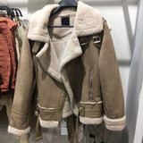 Winter New Women Thick Warm Vintage Suede Lambswool Biker Jackets Coat Chic Sashes Casual Loose Faux Leather Outwear Tops Female