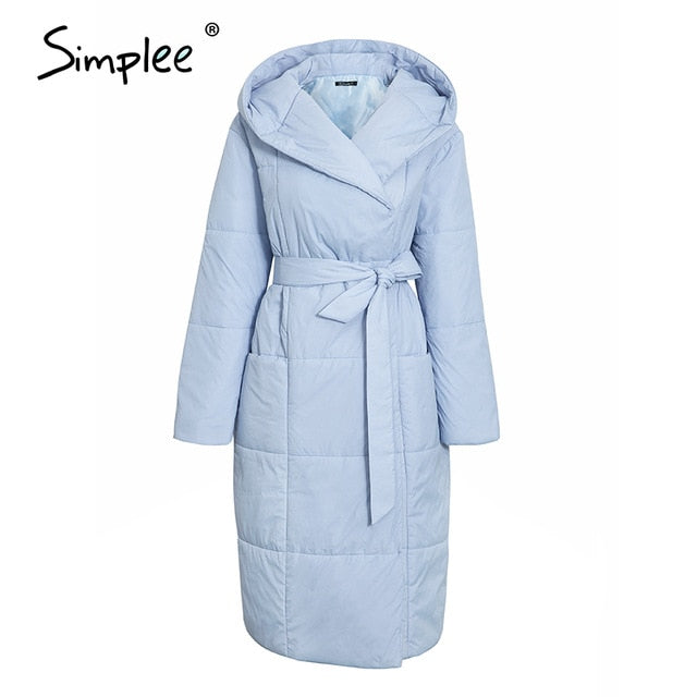 Simplee casual light blue autumn winter women long parkas Warm hooded long sleeve female jacket High street Down Jackets 2020