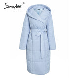 Simplee casual light blue autumn winter women long parkas Warm hooded long sleeve female jacket High street Down Jackets 2020
