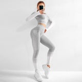 Women Sports Wear Seamless Gym Clothing Long Sleeve Yoga Set Women Ombre Legging Set High Waisted Gym Wear Tight Work out Suit