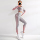 Women Sports Wear Seamless Gym Clothing Long Sleeve Yoga Set Women Ombre Legging Set High Waisted Gym Wear Tight Work out Suit