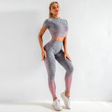 Women Sports Wear Seamless Gym Clothing Long Sleeve Yoga Set Women Ombre Legging Set High Waisted Gym Wear Tight Work out Suit