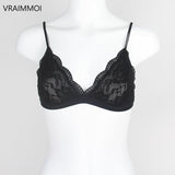 VRAIMMOI Sexy Lace Thin Triangle Bra For Women Wireless Lingerie Underwear Transparent Solid White/Black Bralette