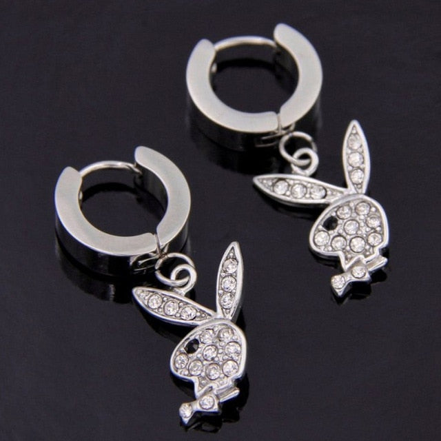 New ins Hip-hop Rabbit Earrings Full Rhinestone Rabbit Dangle Earring Stainless Steel Ear Buckle For Women Men Fashion Jewelry