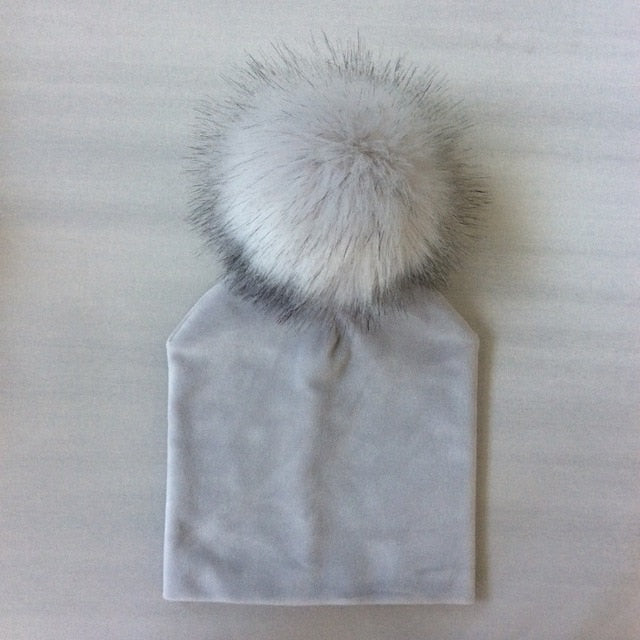 Autumn Winter Kids Girls Solid Velvet Hat With Pompon Baby Beanie Pompom Cap Children's Accessories