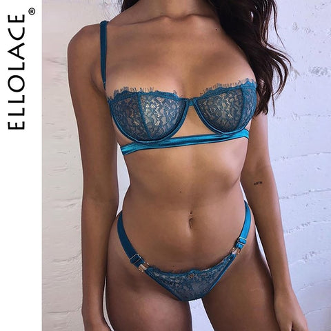 Ellolace Sexy Lingerie Underwear Set Women Lace 2 Piece Set See Through Bralette and Thong Bodycon G-String Sexy Bra Patry Set