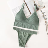 Women Bra Panties Set Sexy G-String Push Up Lingerie Seamless Active Bra Streetwear Padded Fitness Female Crop Top Underwear Set