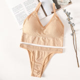 Women Bra Panties Set Sexy G-String Push Up Lingerie Seamless Active Bra Streetwear Padded Fitness Female Crop Top Underwear Set