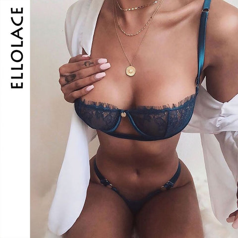 Ellolace Sexy Women's Underwear Lingerie Transparent Bra Low Cup Lace Underwear Set Lenceria Sexy Lingerie Set Bra And Panty Set
