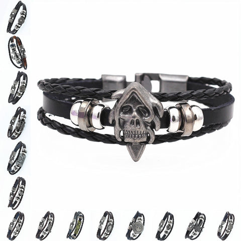 DGW Multilayer Bracelet Men Casual Fashion Braided Leather Bracelets For Women Wood Bead Bracelet Punk Rock Men Jewelry