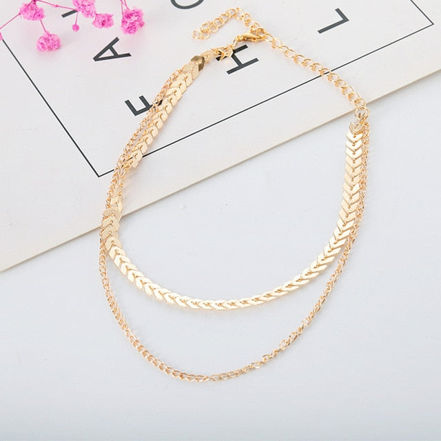 SUMENG 2020 New Fashion Chain Choker Two Layers Necklaces Fishbone Airplane Shape Gold Color Necklace Flat Chain jewelry
