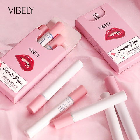New Type 4pcs Cigarette Shape Lipstick Matte Waterproof Matt Long-lasting Smoke Tube lipstick Velvet Red Lip Tint Makeup TSLM1
