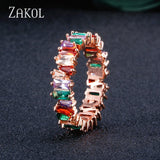 ZAKOL Fashion Luxury Multicolor Charm AAA Baguette Cubic Zirconia Wedding Rings for Women T Shape Stone Party Jewelry FSRP252
