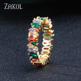 ZAKOL Fashion Luxury Multicolor Charm AAA Baguette Cubic Zirconia Wedding Rings for Women T Shape Stone Party Jewelry FSRP252