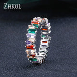 ZAKOL Fashion Luxury Multicolor Charm AAA Baguette Cubic Zirconia Wedding Rings for Women T Shape Stone Party Jewelry FSRP252