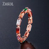 ZAKOL Fashion Luxury Multicolor Charm AAA Baguette Cubic Zirconia Wedding Rings for Women T Shape Stone Party Jewelry FSRP252