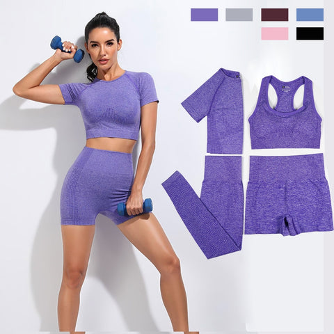 Seamless Women Vital Yoga Set Workout Shirts Sport Pants Bra Gym Clothing Short Crop Top High Waist Running Leggings Sports Set
