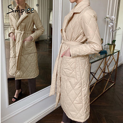 Simplee Long straight winter coat with rhombus pattern Casual sashes women parkas Deep pockets tailored collar stylish outerwear